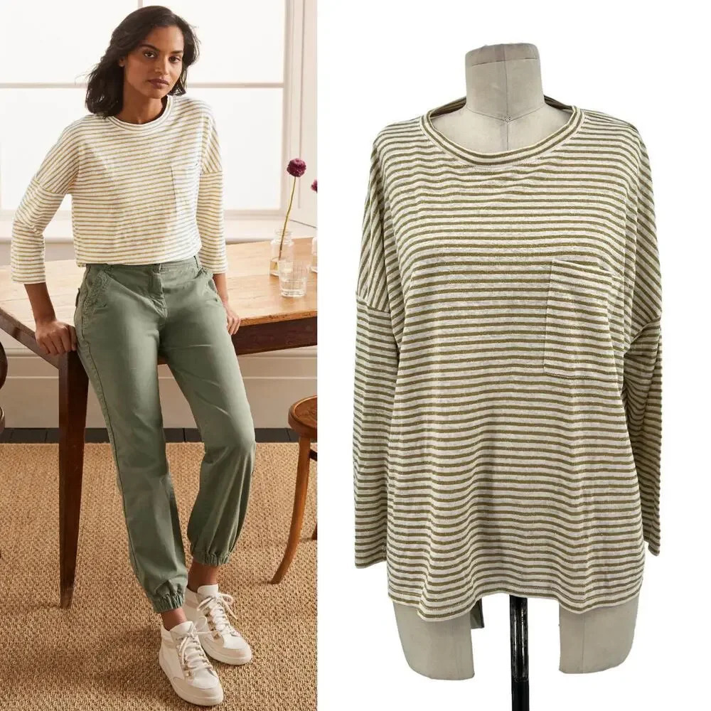 Boden Ottilie‎ Linen Jersey Top Gold Ivory Stripe Size US 14